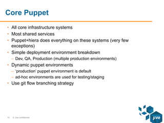 Core Puppet
•  All core infrastructure systems
•  Most shared services
•  Puppet+hiera does everything on these systems (very few
exceptions)
•  Simple deployment environment breakdown
–  Dev, QA, Production (multiple production environments)

•  Dynamic puppet environments
–  ‘production’ puppet environment is default
–  ad-hoc environments are used for testing/staging

•  Use git flow branching strategy

10

© Jive confidential

 