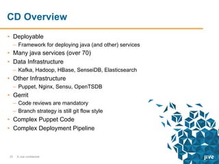 CD Overview
•  Deployable
–  Framework for deploying java (and other) services

•  Many java services (over 70)
•  Data Infrastructure
–  Kafka, Hadoop, HBase, SenseiDB, Elasticsearch

•  Other Infrastructure
–  Puppet, Nginx, Sensu, OpenTSDB

•  Gerrit
–  Code reviews are mandatory
–  Branch strategy is still git flow style

•  Complex Puppet Code
•  Complex Deployment Pipeline

25

© Jive confidential

 