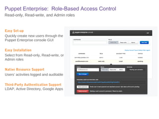 Puppet Enterprise: Role-Based Access Control
Read-only, Read-write, and Admin roles

Easy Set-up
Quickly create new users through the
Puppet Enterprise console GUI
Easy Installation
Select from Read-only, Read-write, or
Admin roles
Native Resource Support
Users’ activities logged and auditable
Third-Party Authentication Support
LDAP, Active Directory, Google Apps

 