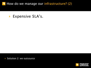 How do we manage our infrastructure? (2)



   ‣ Expensive $LA’s.




‣ Solution 2: we outsource
 