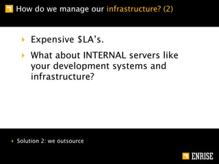 How do we manage our infrastructure? (2)



   ‣ Expensive $LA’s.
   ‣ What about INTERNAL servers like
     your development systems and
     infrastructure?




‣ Solution 2: we outsource
 