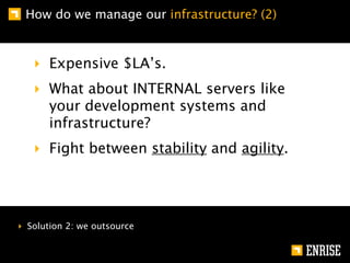 How do we manage our infrastructure? (2)



   ‣ Expensive $LA’s.
   ‣ What about INTERNAL servers like
     your development systems and
     infrastructure?
   ‣ Fight between stability and agility.




‣ Solution 2: we outsource
 