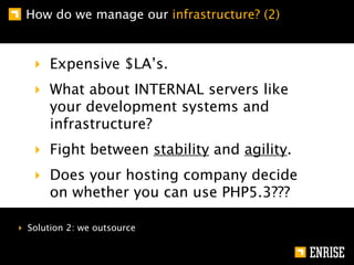 How do we manage our infrastructure? (2)



   ‣ Expensive $LA’s.
   ‣ What about INTERNAL servers like
     your development systems and
     infrastructure?
   ‣ Fight between stability and agility.
   ‣ Does your hosting company decide
     on whether you can use PHP5.3???

‣ Solution 2: we outsource
 