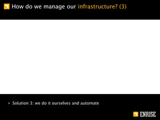 How do we manage our infrastructure? (3)




‣ Solution 3: we do it ourselves and automate
 