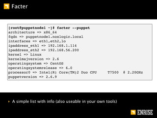 Facter


[root@puppetnode1 ~]# facter --puppet
architecture => x86_64
fqdn => puppetnode1.noxlogic.local
interfaces => eth1,eth2,lo
ipaddress_eth1 => 192.168.1.114
ipaddress_eth2 => 192.168.56.200
kernel => Linux
kernelmajversion => 2.6
operatingsystem => CentOS
operatingsystemrelease => 6.0
processor0 => Intel(R) Core(TM)2 Duo CPU             T7500   @ 2.20GHz
puppetversion => 2.6.9




‣ A simple list with info (also useable in your own tools)
 