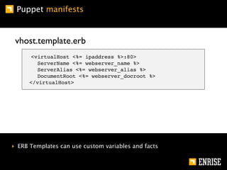 Puppet manifests


 vhost.template.erb
       <virtualHost <%= ipaddress %>:80>
         ServerName <%= webserver_name %>
         ServerAlias <%= webserver_alias %>
         DocumentRoot <%= webserver_docroot %>
      </virtualHost>




‣ ERB Templates can use custom variables and facts
 