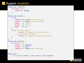 Puppet modules
 class ntp::install {
     package{"ntpd":
         ensure => latest
     }
 }
 class ntp::config {
     File{
         require => Class["ntp::install"],
         notify => Class["ntp::service"],
         owner    => "root",
         group    => "root",
         mode     => 644
     }
     file{"/etc/ntp.conf":
              source => "puppet:///ntp/ntp.conf";
           "/etc/ntp/step-tickers":
              source => "puppet:///ntp/step-tickers";
     }
 }
 class ntp::service {
     service{"ntp":
         ensure => running,
         enable => true,
         require => Class["ntp::config"],
     }
 }
 class ntp {
     include ntp::install, ntp::config, ntp::service
 }
 