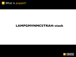 What is puppet?




       LAMPGMVNMCSTRAH-stack
 