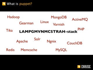 What is puppet?



Hadoop                        MongoDB
                                          ActiveMQ
         Gearm...