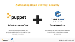 Automating Rapid Delivery, Securely
Infrastructure-as-Code
IT infrastructure managed and
provisioned through code, rather than
manual processes
Security-as-Code
Automating security policy enforcement
through code, rather than manual
processes
Talking Tech: Puppet Webinar Series
 