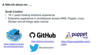 A little bit about me ….
Scott Coulton
• 10 + years hosting solutions experience
• Extensive experience in architecture across AWS, Puppet, Linux,
Docker and all things open source
https://github.com/scotty-c
https://registry.hub.doc
ker.com/repos/scottyc/
https://forge.puppetlabs.com/s
cottyc
@scottcoulton
 