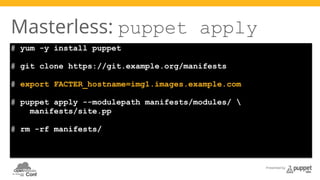 Presented by 
Masterless: puppet apply 
# yum -y install puppet 
# git clone https://git.example.org/manifests 
# export FACTER_hostname=img1.images.example.com 
# puppet apply --modulepath manifests/modules/  
manifests/site.pp 
# rm -rf manifests/ 
 