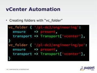 vCenter Automation

•  Creating folders with “vc_folder”




18 | CONFIDENTIAL & PROPRIETARY
 