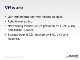 VMware

•  Our implementation was holding us back.
•  Rebuilt everything.
•  Networking infrastructure provided by 1GbE Ci...