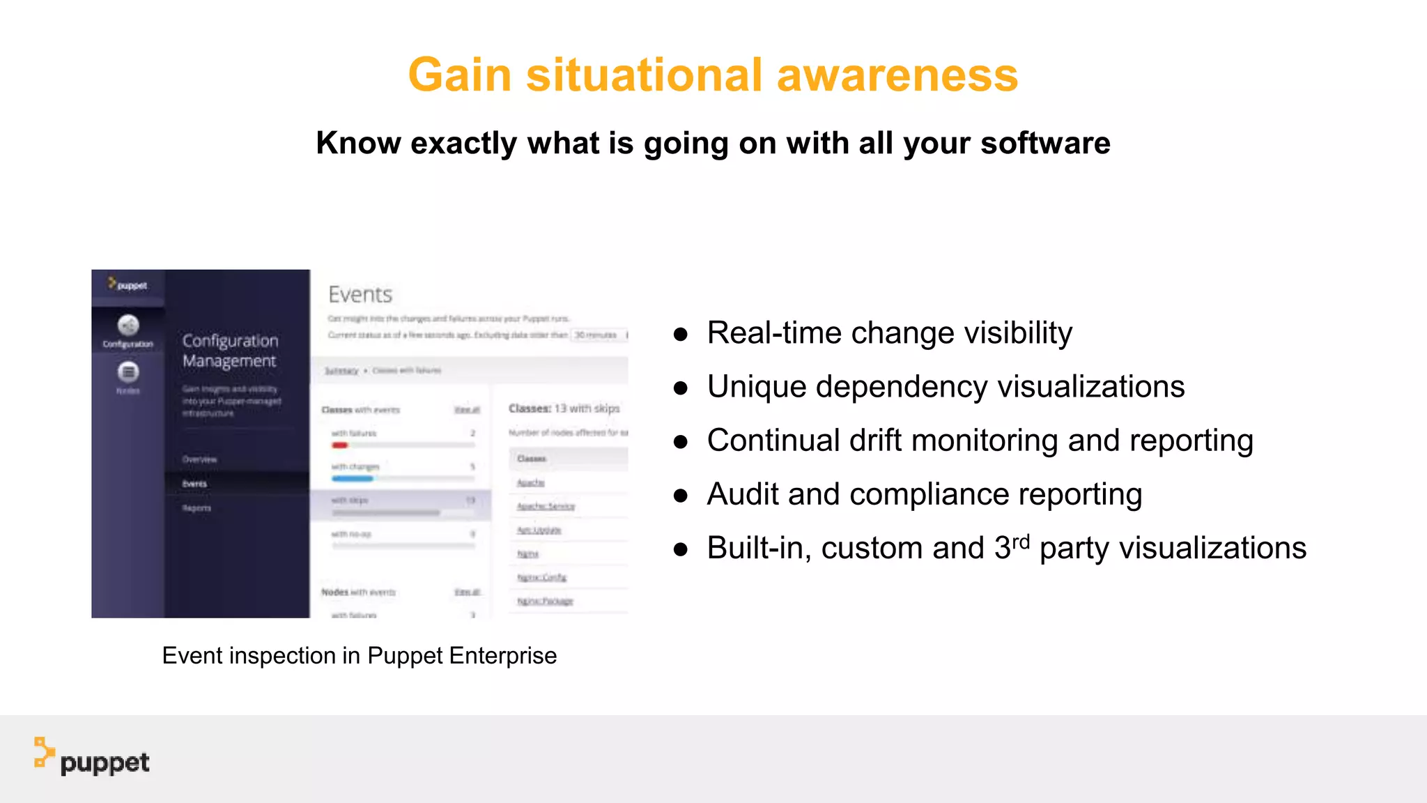 Gain situational awareness
● Real-time change visibility
● Unique dependency visualizations
● Continual drift monitoring and reporting
● Audit and compliance reporting
● Built-in, custom and 3rd party visualizations
Know exactly what is going on with all your software
Event inspection in Puppet Enterprise
 