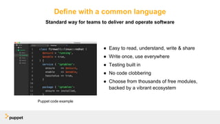 Define with a common language
● Easy to read, understand, write & share
● Write once, use everywhere
● Testing built in
● No code clobbering
● Choose from thousands of free modules,
backed by a vibrant ecosystem
Standard way for teams to deliver and operate software
Puppet code example
 