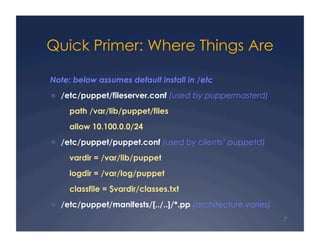 Quick Primer: Where Things Are

Note: below assumes default install in /etc
  /etc/puppet/fileserver.conf (used by puppermasterd)

     path /var/lib/puppet/files
     allow 10.100.0.0/24
  /etc/puppet/puppet.conf (used by clients’ puppetd)

     vardir = /var/lib/puppet
     logdir = /var/log/puppet
     classfile = $vardir/classes.txt
  /etc/puppet/manifests/[../..]/*.pp (architecture varies)
                                                              7
 
