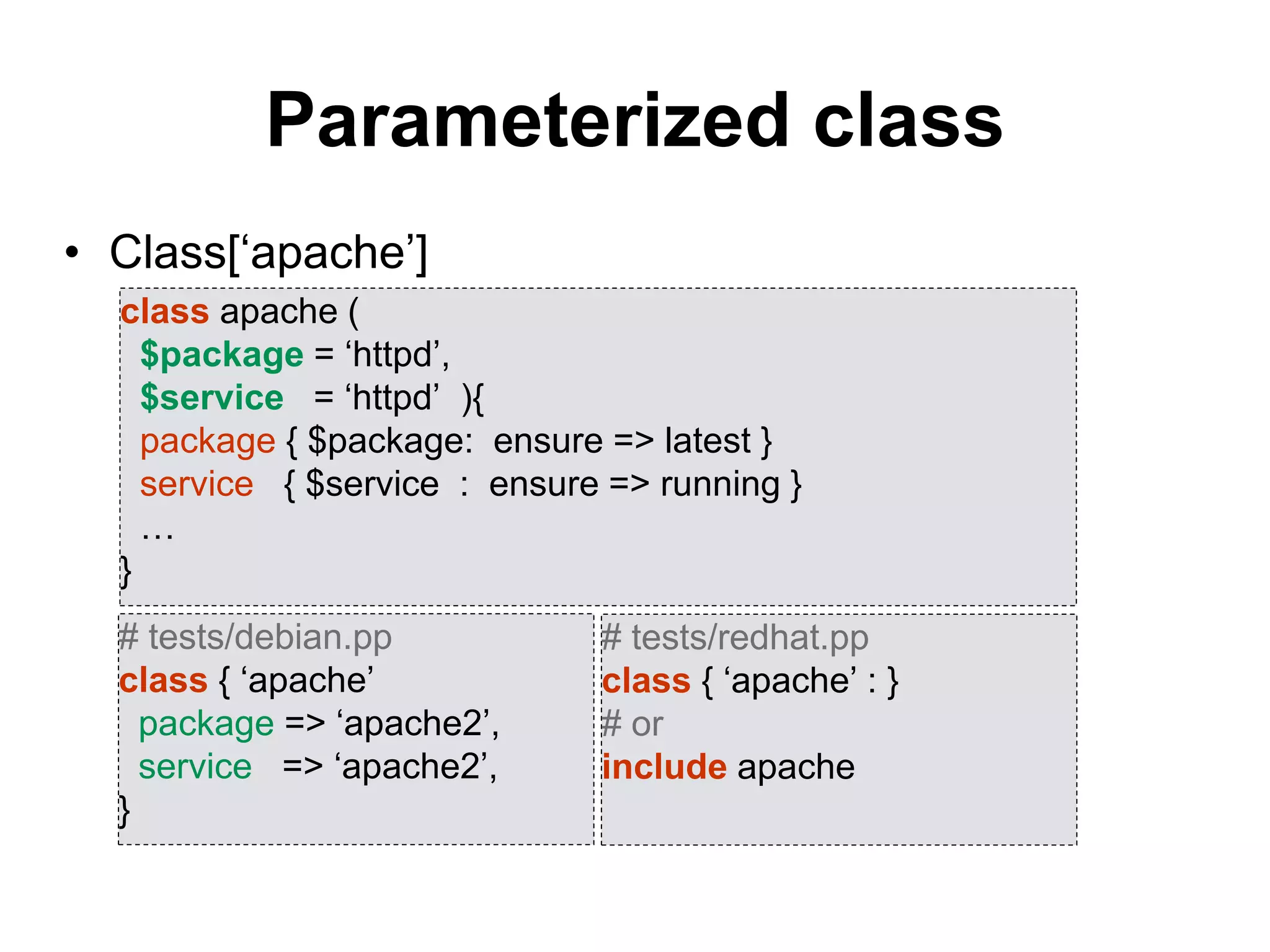Parameterized class
• Class[‘apache’]
class apache (
$package = ‘httpd’,
$service = ‘httpd’ ){
package { $package: ensure => latest }
service { $service : ensure => running }
…
}
# tests/debian.pp
class { ‘apache’
package => ‘apache2’,
service => ‘apache2’,
}
# tests/redhat.pp
class { ‘apache’ : }
# or
include apache
 