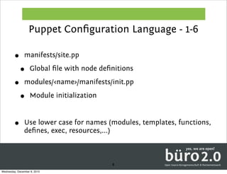 Puppet Conﬁguration Language - 1-6

        •       manifests/site.pp

            •      Global ﬁle with node deﬁnitions

        •       modules/<name>/manifests/init.pp

            •      Module initialization


        •       Use lower case for names (modules, templates, functions,
                deﬁnes, exec, resources,...)



                                           8
Wednesday, December 8, 2010
 
