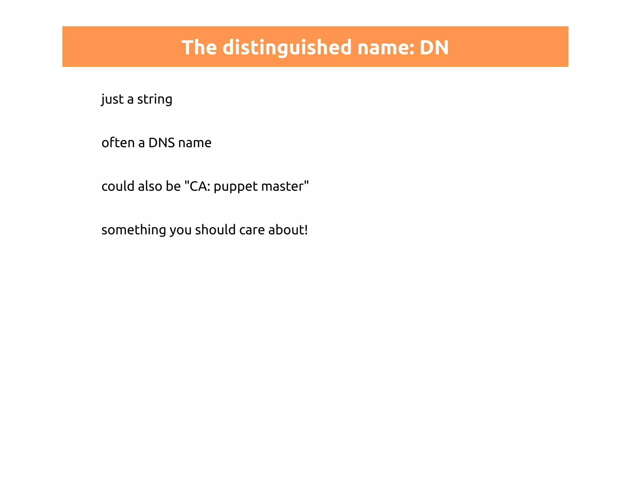 The distinguished name: DN 
just a string 
often a DNS name 
could also be "CA: puppet master" 
something you should care about! 
 