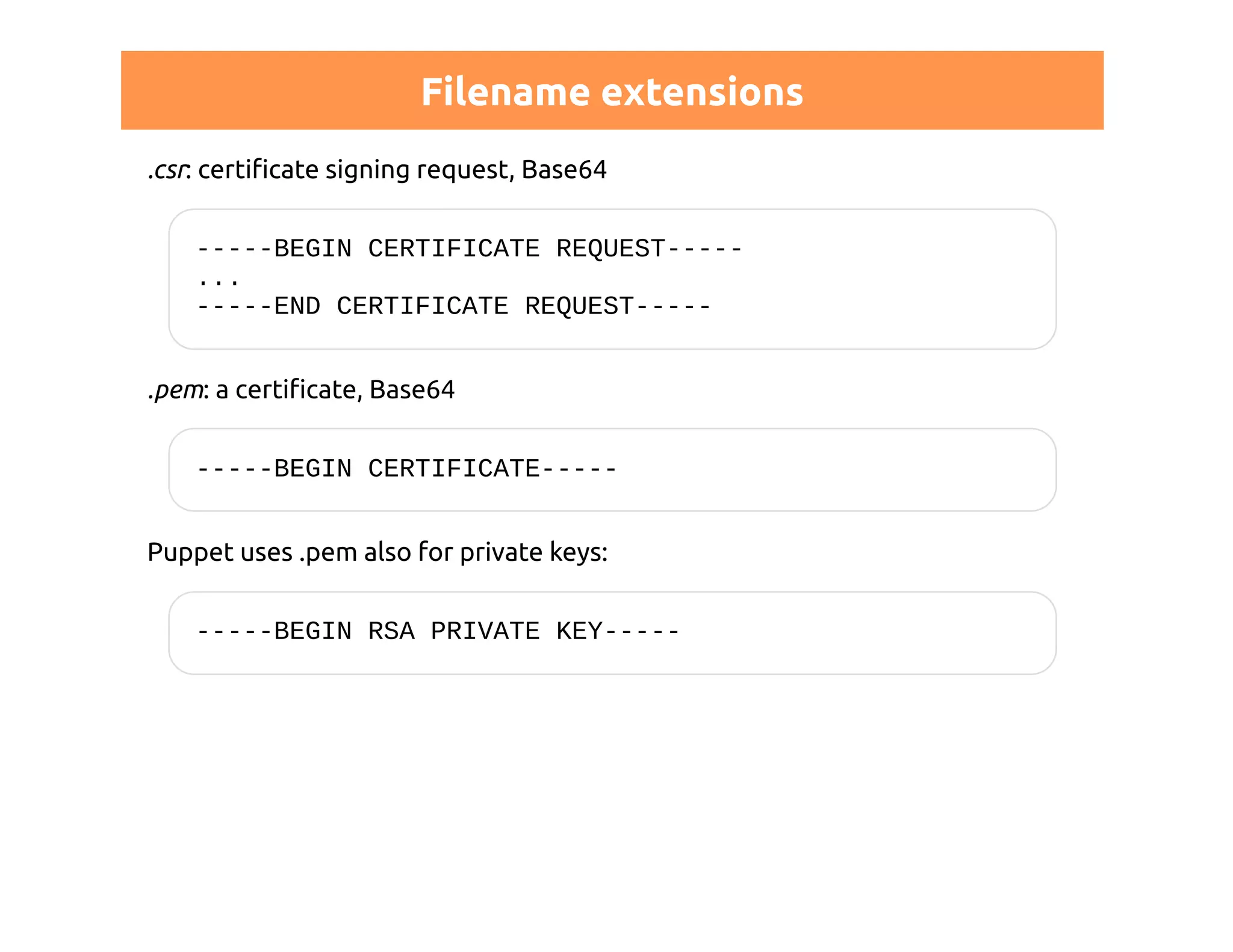Filename extensions 
.csr: certificate signing request, Base64 
-----BEGIN CERTIFICATE REQUEST----- 
... 
-----END CERTIFICATE REQUEST----- 
.pem: a certificate, Base64 
-----BEGIN CERTIFICATE----- 
Puppet uses .pem also for private keys: 
-----BEGIN RSA PRIVATE KEY----- 
 