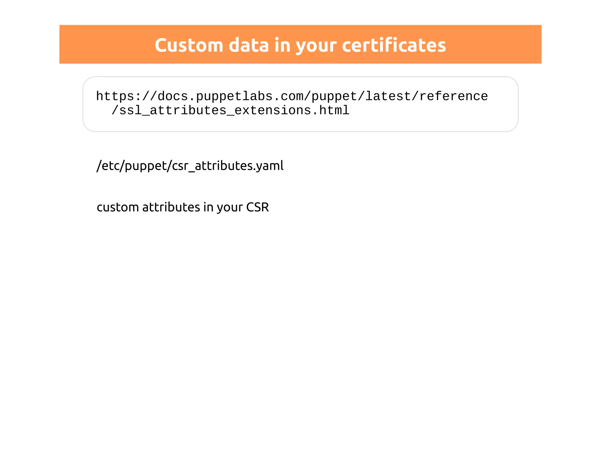 Custom data in your certificates 
https://docs.puppetlabs.com/puppet/latest/reference 
/ssl_attributes_extensions.html 
/etc/puppet/csr_attributes.yaml 
custom attributes in your CSR 
 