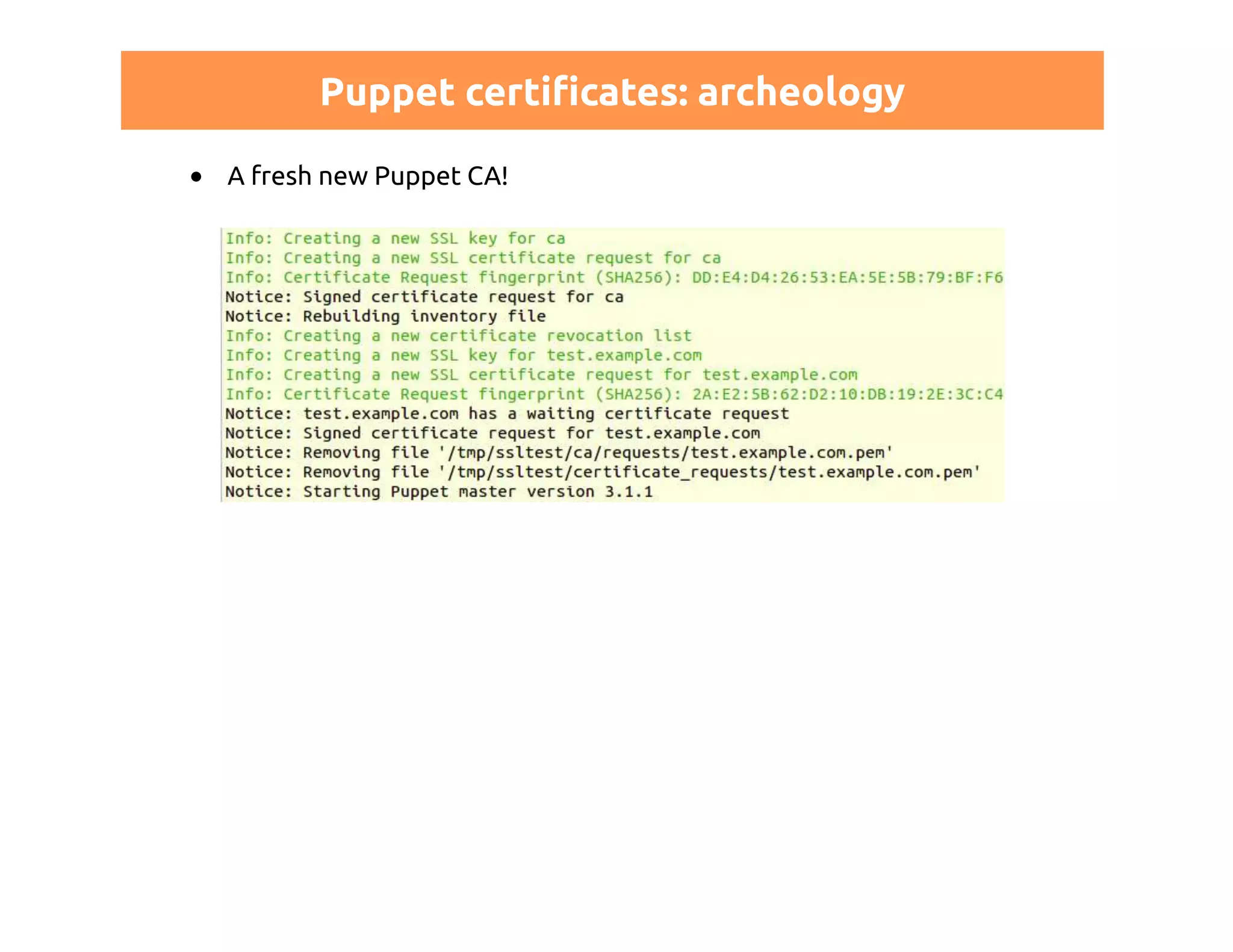 Puppet certificates: archeology 
A fresh new Puppet CA! 
 
