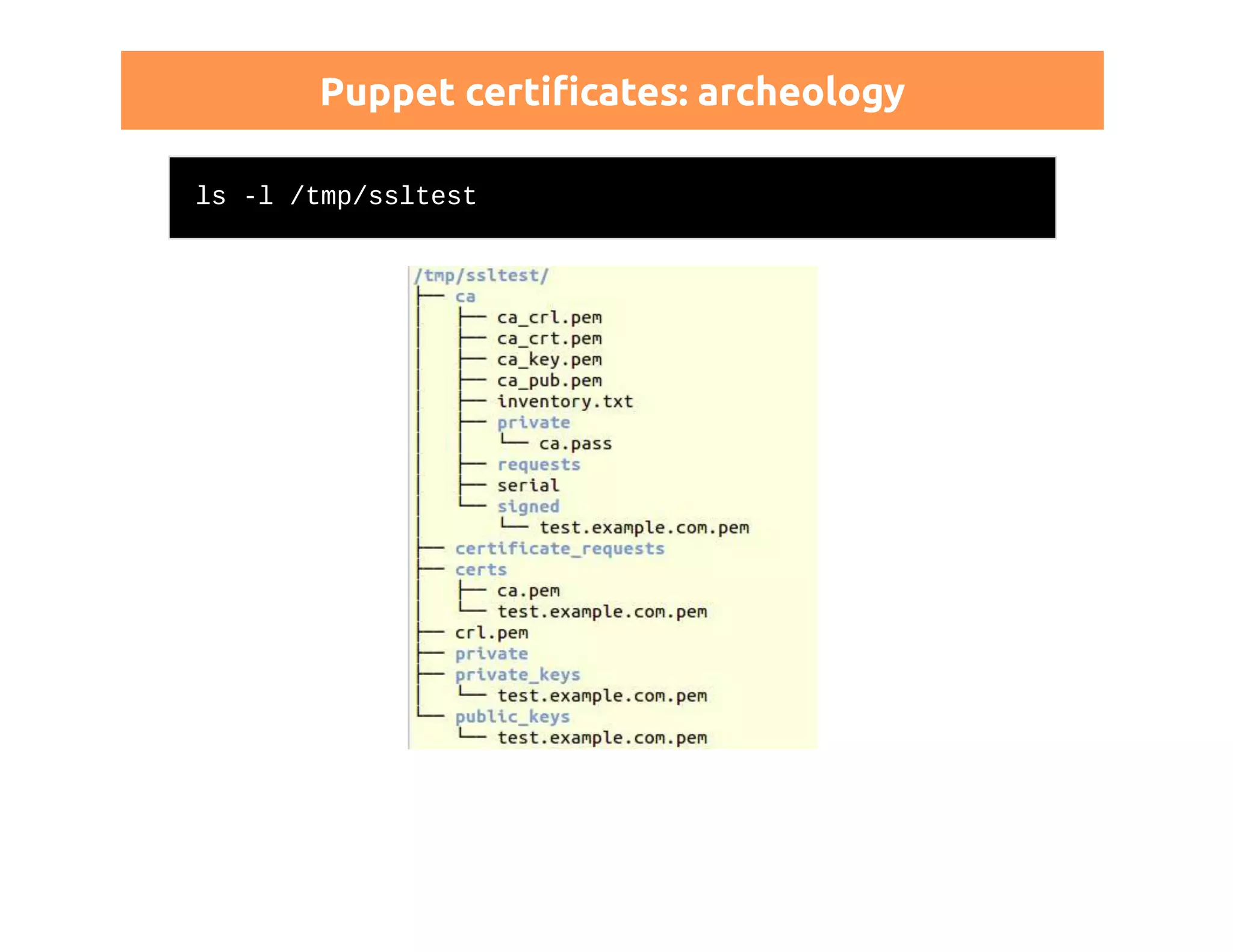Puppet certificates: archeology 
ls -l /tmp/ssltest 
 