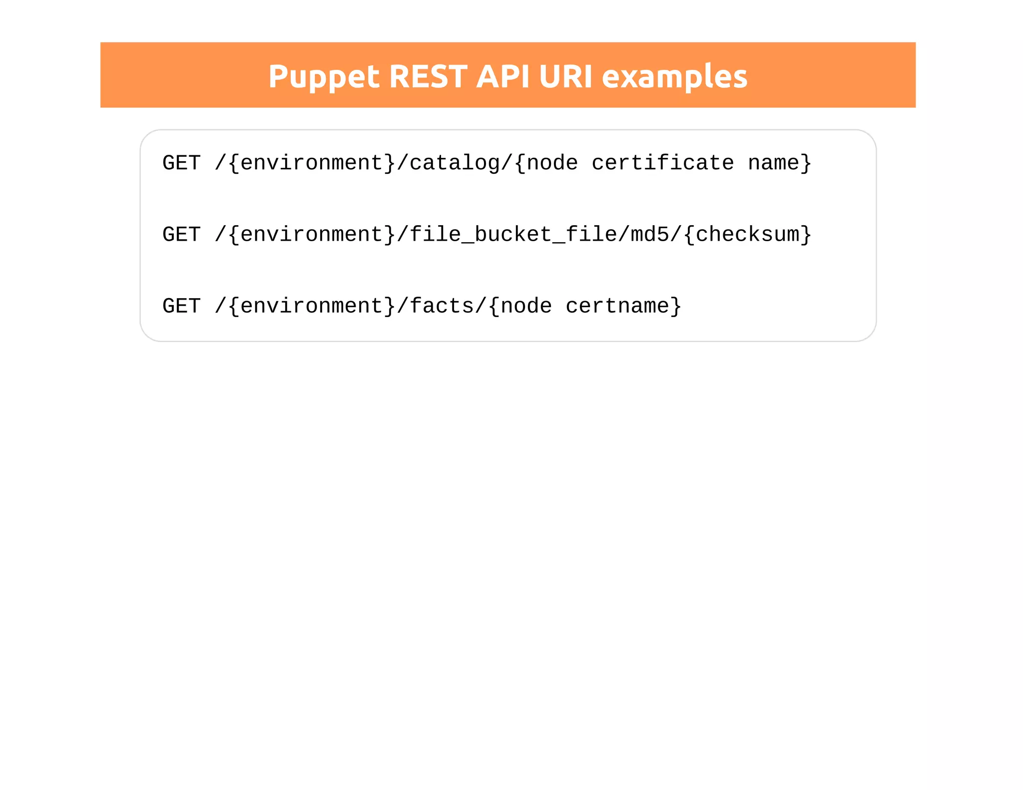 Puppet REST API URI examples 
GET /{environment}/catalog/{node certificate name} 
GET /{environment}/file_bucket_file/md5/{checksum} 
GET /{environment}/facts/{node certname} 
 