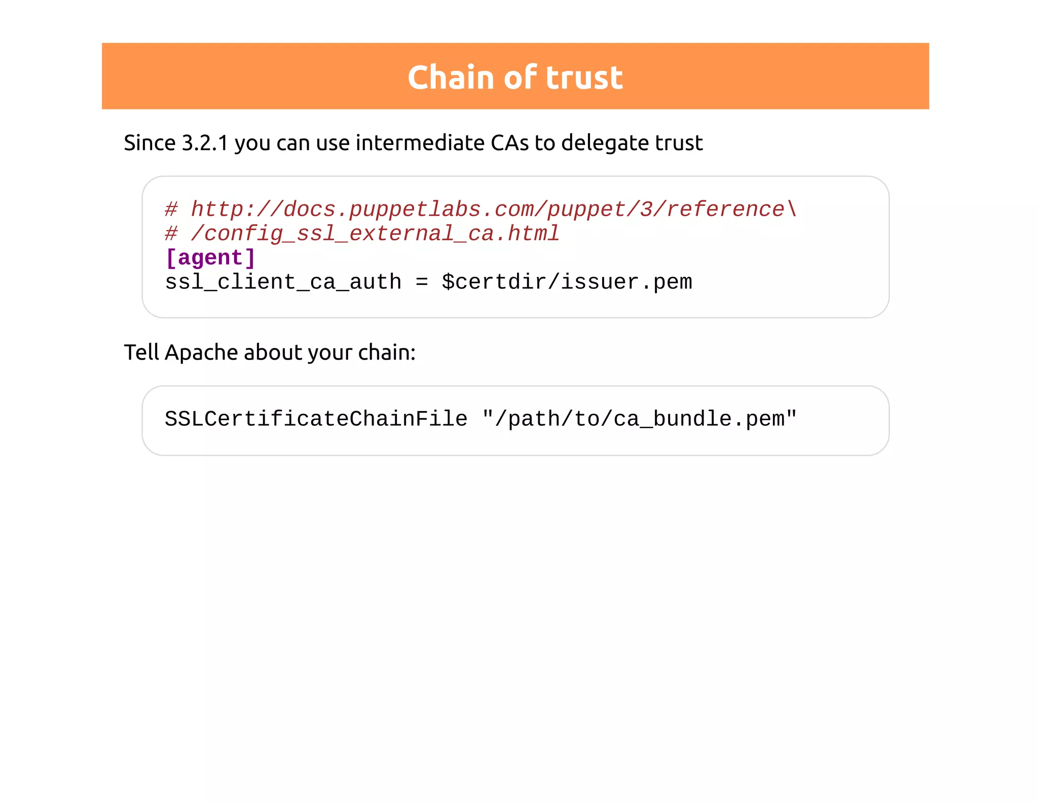 Chain of trust 
Since 3.2.1 you can use intermediate CAs to delegate trust 
# http://docs.puppetlabs.com/puppet/3/reference 
# /config_ssl_external_ca.html 
[agent] 
ssl_client_ca_auth = $certdir/issuer.pem 
Tell Apache about your chain: 
SSLCertificateChainFile "/path/to/ca_bundle.pem" 
 