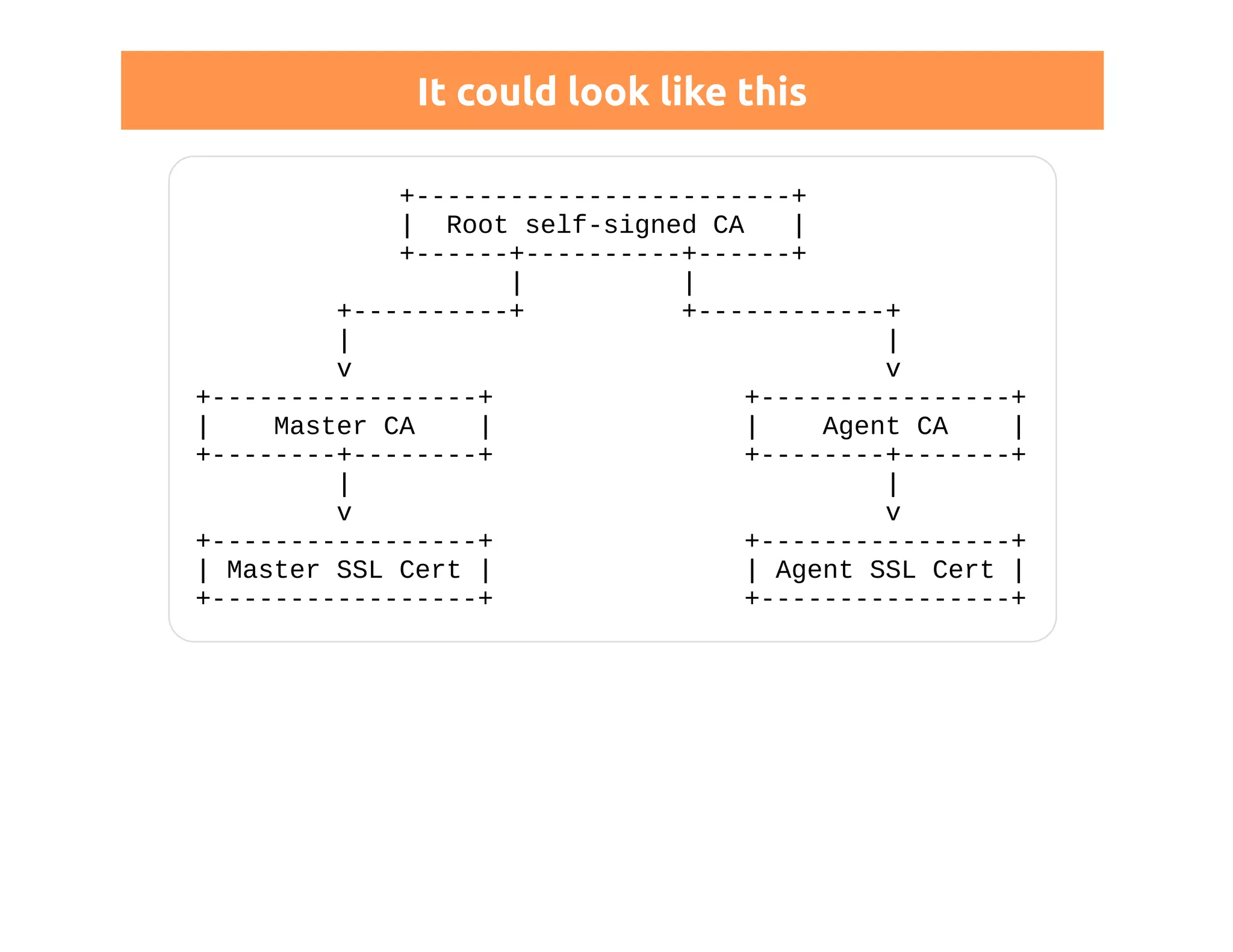It could look like this 
+------------------------+ 
| Root self-signed CA | 
+------+----------+------+ 
| | 
+----------+ +------------+ 
| | 
v v 
+-----------------+ +----------------+ 
| Master CA | | Agent CA | 
+--------+--------+ +--------+-------+ 
| | 
v v 
+-----------------+ +----------------+ 
| Master SSL Cert | | Agent SSL Cert | 
+-----------------+ +----------------+ 
 