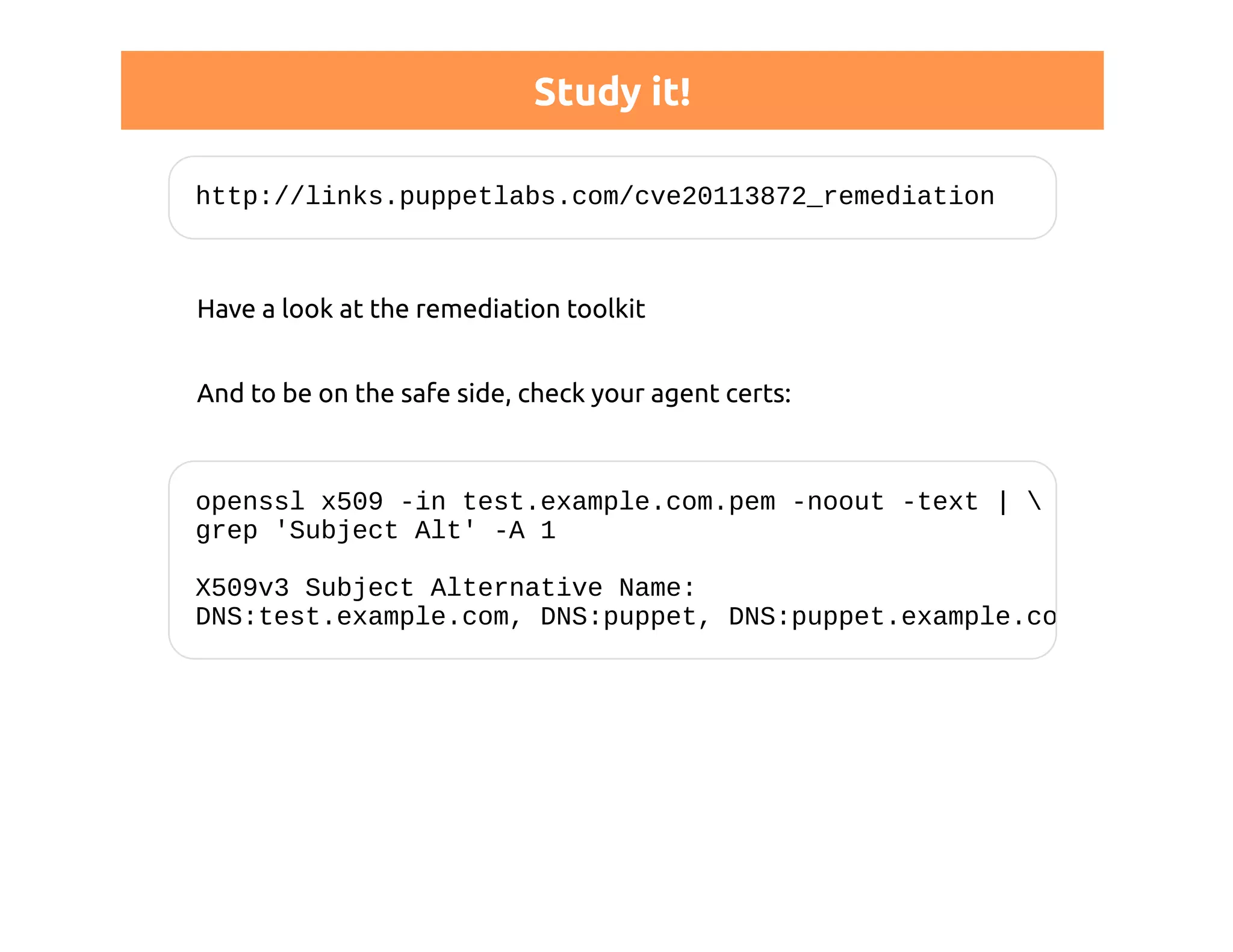 Study it! 
http://links.puppetlabs.com/cve20113872_remediation 
Have a look at the remediation toolkit 
And to be on the safe side, check your agent certs: 
openssl x509 -in test.example.com.pem -noout -text |  
grep 'Subject Alt' -A 1 
X509v3 Subject Alternative Name: 
DNS:test.example.com, DNS:puppet, DNS:puppet.example.com 
 