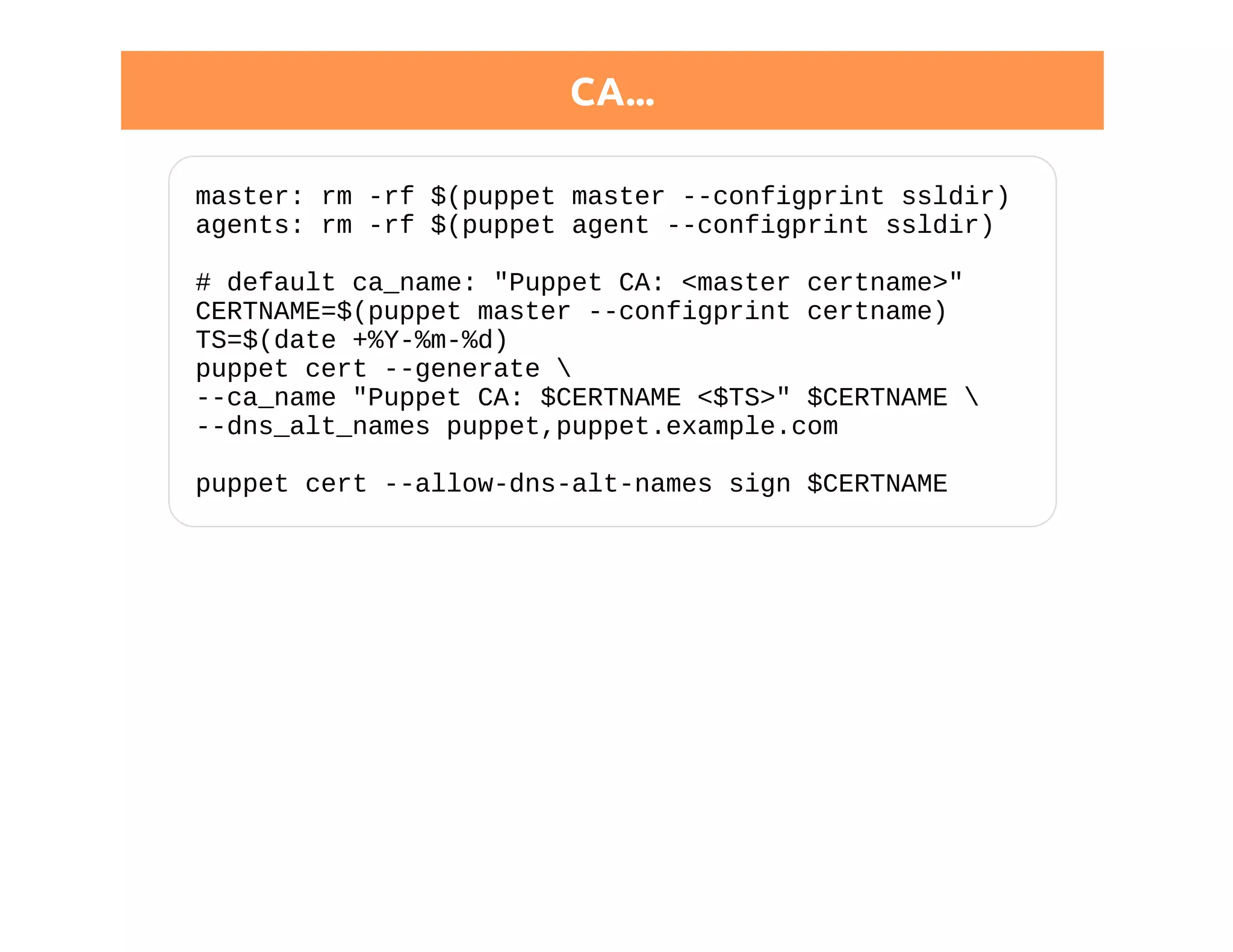 CA... 
master: rm -rf $(puppet master --configprint ssldir) 
agents: rm -rf $(puppet agent --configprint ssldir) 
# default ca_name: "Puppet CA: <master certname>" 
CERTNAME=$(puppet master --configprint certname) 
TS=$(date +%Y-%m-%d) 
puppet cert --generate  
--ca_name "Puppet CA: $CERTNAME <$TS>" $CERTNAME  
--dns_alt_names puppet,puppet.example.com 
puppet cert --allow-dns-alt-names sign $CERTNAME 
 