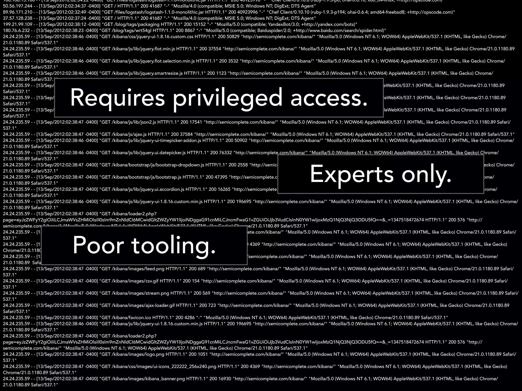 108.166.15.188 - - [13/Sep/2012:02:34:22 -0400] "GET /files/logstash/logstash-1.1.0-monolithic.jar HTTP/1.1" 200 40923996 "-" "Chef Client/0.10.8 (ruby-1.9.3-p0; ohai-0.6.10; x86_64-linux; +http://opscode.com)"
50.56.197.244 - - [13/Sep/2012:02:34:37 -0400] "GET / HTTP/1.1" 200 41687 "-" "Mozilla/4.0 (compatible; MSIE 5.0; Windows NT; DigExt; DTS Agent"
89.96.171.210 - - [13/Sep/2012:02:32:49 -0400] "GET /files/logstash/logstash-1.1.0-monolithic.jar HTTP/1.1" 200 40923996 "-" "Chef Client/0.10.10 (ruby-1.9.3-p194; ohai-0.6.4; amd64-freebsd8; +http://opscode.com)"
37.57.128.238 - - [13/Sep/2012:02:37:24 -0400] "GET / HTTP/1.1" 200 41687 "-" "Mozilla/4.0 (compatible; MSIE 5.0; Windows NT; DigExt; DTS Agent"
199.21.99.109 - - [13/Sep/2012:02:38:12 -0400] "GET /blog/tags/packaging HTTP/1.1" 200 15152 "-" "Mozilla/5.0 (compatible; YandexBot/3.0; +http://yandex.com/bots)"
180.76.6.232 - - [13/Sep/2012:02:38:23 -0400] "GET /blog/tags/wrt54gl HTTP/1.1" 200 8867 "-" "Mozilla/5.0 (compatible; Baiduspider/2.0; +http://www.baidu.com/search/spider.html)"
24.24.235.59 - - [13/Sep/2012:02:38:46 -0400] "GET /kibana/css/jquery-ui-1.8.16.custom.css HTTP/1.1" 200 50829 "http://semicomplete.com/kibana/" "Mozilla/5.0 (Windows NT 6.1; WOW64) AppleWebKit/537.1 (KHTML, like Gecko) Chrome/
21.0.1180.89 Safari/537.1"
24.24.235.59 - - [13/Sep/2012:02:38:46 -0400] "GET /kibana/js/lib/jquery.flot.min.js HTTP/1.1" 200 37554 "http://semicomplete.com/kibana/" "Mozilla/5.0 (Windows NT 6.1; WOW64) AppleWebKit/537.1 (KHTML, like Gecko) Chrome/21.0.1180.89
Safari/537.1"
24.24.235.59 - - [13/Sep/2012:02:38:46 -0400] "GET /kibana/js/lib/jquery.flot.selection.min.js HTTP/1.1" 200 3532 "http://semicomplete.com/kibana/" "Mozilla/5.0 (Windows NT 6.1; WOW64) AppleWebKit/537.1 (KHTML, like Gecko) Chrome/
21.0.1180.89 Safari/537.1"
24.24.235.59 - - [13/Sep/2012:02:38:46 -0400] "GET /kibana/js/lib/jquery.smartresize.js HTTP/1.1" 200 1123 "http://semicomplete.com/kibana/" "Mozilla/5.0 (Windows NT 6.1; WOW64) AppleWebKit/537.1 (KHTML, like Gecko) Chrome/
21.0.1180.89 Safari/537.1"
24.24.235.59 - - [13/Sep/2012:02:38:46 -0400] "GET /kibana/js/lib/iso8601.min.js HTTP/1.1" 200 486 "http://semicomplete.com/kibana/" "Mozilla/5.0 (Windows NT 6.1; WOW64) AppleWebKit/537.1 (KHTML, like Gecko) Chrome/21.0.1180.89
Safari/537.1"
24.24.235.59 - - [13/Sep/2012:02:38:46 -0400] "GET /kibana/js/lib/safebase64.js HTTP/1.1" 200 3264 "http://semicomplete.com/kibana/" "Mozilla/5.0 (Windows NT 6.1; WOW64) AppleWebKit/537.1 (KHTML, like Gecko) Chrome/21.0.1180.89
Safari/537.1"
24.24.235.59 - - [13/Sep/2012:02:38:46 -0400] "GET /kibana/js/lib/jquery.min.js HTTP/1.1" 200 93868 "http://semicomplete.com/kibana/" "Mozilla/5.0 (Windows NT 6.1; WOW64) AppleWebKit/537.1 (KHTML, like Gecko) Chrome/21.0.1180.89
Safari/537.1"
24.24.235.59 - - [13/Sep/2012:02:38:47 -0400] "GET /kibana/js/lib/json2.js HTTP/1.1" 200 17541 "http://semicomplete.com/kibana/" "Mozilla/5.0 (Windows NT 6.1; WOW64) AppleWebKit/537.1 (KHTML, like Gecko) Chrome/21.0.1180.89 Safari/
537.1"
24.24.235.59 - - [13/Sep/2012:02:38:47 -0400] "GET /kibana/js/ajax.js HTTP/1.1" 200 37584 "http://semicomplete.com/kibana/" "Mozilla/5.0 (Windows NT 6.1; WOW64) AppleWebKit/537.1 (KHTML, like Gecko) Chrome/21.0.1180.89 Safari/537.1"
24.24.235.59 - - [13/Sep/2012:02:38:46 -0400] "GET /kibana/js/lib/jquery-ui-timepicker-addon.js HTTP/1.1" 200 50902 "http://semicomplete.com/kibana/" "Mozilla/5.0 (Windows NT 6.1; WOW64) AppleWebKit/537.1 (KHTML, like Gecko) Chrome/
21.0.1180.89 Safari/537.1"
24.24.235.59 - - [13/Sep/2012:02:38:46 -0400] "GET /kibana/js/lib/jquery.ui.datepicker.js HTTP/1.1" 200 76332 "http://semicomplete.com/kibana/" "Mozilla/5.0 (Windows NT 6.1; WOW64) AppleWebKit/537.1 (KHTML, like Gecko) Chrome/
21.0.1180.89 Safari/537.1"
24.24.235.59 - - [13/Sep/2012:02:38:47 -0400] "GET /kibana/bootstrap/js/bootstrap-dropdown.js HTTP/1.1" 200 2558 "http://semicomplete.com/kibana/" "Mozilla/5.0 (Windows NT 6.1; WOW64) AppleWebKit/537.1 (KHTML, like Gecko) Chrome/
21.0.1180.89 Safari/537.1"
24.24.235.59 - - [13/Sep/2012:02:38:47 -0400] "GET /kibana/bootstrap/js/bootstrap.js HTTP/1.1" 200 47395 "http://semicomplete.com/kibana/" "Mozilla/5.0 (Windows NT 6.1; WOW64) AppleWebKit/537.1 (KHTML, like Gecko) Chrome/
21.0.1180.89 Safari/537.1"
24.24.235.59 - - [13/Sep/2012:02:38:47 -0400] "GET /kibana/js/lib/jquery.ui.accordion.js HTTP/1.1" 200 16265 "http://semicomplete.com/kibana/" "Mozilla/5.0 (Windows NT 6.1; WOW64) AppleWebKit/537.1 (KHTML, like Gecko) Chrome/
21.0.1180.89 Safari/537.1"
24.24.235.59 - - [13/Sep/2012:02:38:46 -0400] "GET /kibana/js/lib/jquery-ui-1.8.16.custom.min.js HTTP/1.1" 200 196695 "http://semicomplete.com/kibana/" "Mozilla/5.0 (Windows NT 6.1; WOW64) AppleWebKit/537.1 (KHTML, like Gecko) Chrome/
21.0.1180.89 Safari/537.1"
24.24.235.59 - - [13/Sep/2012:02:38:47 -0400] "GET /kibana/loader2.php?
page=eyJzZWFyY2giOiIiLCJmaWVsZHMiOlsiIl0sIm9mZnNldCI6MCwidGltZWZyYW1lIjoiNDggaG91cnMiLCJncmFwaG1vZGUiOiJjb3VudCIsInN0YW1wIjoxMzQ1NjQ3NjQ3ODU5fQ==&_=1347518472674 HTTP/1.1" 200 576 "http://
semicomplete.com/kibana/" "Mozilla/5.0 (Windows NT 6.1; WOW64) AppleWebKit/537.1 (KHTML, like Gecko) Chrome/21.0.1180.89 Safari/537.1"
24.24.235.59 - - [13/Sep/2012:02:38:47 -0400] "GET /kibana/images/logo.png HTTP/1.1" 200 1051 "http://semicomplete.com/kibana/" "Mozilla/5.0 (Windows NT 6.1; WOW64) AppleWebKit/537.1 (KHTML, like Gecko) Chrome/21.0.1180.89 Safari/
537.1"
24.24.235.59 - - [13/Sep/2012:02:38:47 -0400] "GET /kibana/css/images/ui-icons_222222_256x240.png HTTP/1.1" 200 4369 "http://semicomplete.com/kibana/" "Mozilla/5.0 (Windows NT 6.1; WOW64) AppleWebKit/537.1 (KHTML, like Gecko)
Chrome/21.0.1180.89 Safari/537.1"
24.24.235.59 - - [13/Sep/2012:02:38:47 -0400] "GET /kibana/images/kibana_banner.png HTTP/1.1" 200 16930 "http://semicomplete.com/kibana/" "Mozilla/5.0 (Windows NT 6.1; WOW64) AppleWebKit/537.1 (KHTML, like Gecko) Chrome/
21.0.1180.89 Safari/537.1"
24.24.235.59 - - [13/Sep/2012:02:38:47 -0400] "GET /kibana/images/feed.png HTTP/1.1" 200 689 "http://semicomplete.com/kibana/" "Mozilla/5.0 (Windows NT 6.1; WOW64) AppleWebKit/537.1 (KHTML, like Gecko) Chrome/21.0.1180.89 Safari/
537.1"
24.24.235.59 - - [13/Sep/2012:02:38:47 -0400] "GET /kibana/images/csv.gif HTTP/1.1" 200 154 "http://semicomplete.com/kibana/" "Mozilla/5.0 (Windows NT 6.1; WOW64) AppleWebKit/537.1 (KHTML, like Gecko) Chrome/21.0.1180.89 Safari/
537.1"
24.24.235.59 - - [13/Sep/2012:02:38:47 -0400] "GET /kibana/images/stream.png HTTP/1.1" 200 569 "http://semicomplete.com/kibana/" "Mozilla/5.0 (Windows NT 6.1; WOW64) AppleWebKit/537.1 (KHTML, like Gecko) Chrome/21.0.1180.89 Safari/
537.1"
24.24.235.59 - - [13/Sep/2012:02:38:47 -0400] "GET /kibana/images/ajax-loader.gif HTTP/1.1" 200 723 "http://semicomplete.com/kibana/" "Mozilla/5.0 (Windows NT 6.1; WOW64) AppleWebKit/537.1 (KHTML, like Gecko) Chrome/21.0.1180.89
Safari/537.1"
24.24.235.59 - - [13/Sep/2012:02:38:47 -0400] "GET /kibana/favicon.ico HTTP/1.1" 200 4286 "-" "Mozilla/5.0 (Windows NT 6.1; WOW64) AppleWebKit/537.1 (KHTML, like Gecko) Chrome/21.0.1180.89 Safari/537.1"
24.24.235.59 - - [13/Sep/2012:02:38:46 -0400] "GET /kibana/js/lib/jquery-ui-1.8.16.custom.min.js HTTP/1.1" 200 196695 "http://semicomplete.com/kibana/" "Mozilla/5.0 (Windows NT 6.1; WOW64) AppleWebKit/537.1 (KHTML, like Gecko) Chrome/
21.0.1180.89 Safari/537.1"
24.24.235.59 - - [13/Sep/2012:02:38:47 -0400] "GET /kibana/loader2.php?
page=eyJzZWFyY2giOiIiLCJmaWVsZHMiOlsiIl0sIm9mZnNldCI6MCwidGltZWZyYW1lIjoiNDggaG91cnMiLCJncmFwaG1vZGUiOiJjb3VudCIsInN0YW1wIjoxMzQ1NjQ3NjQ3ODU5fQ==&_=1347518472674 HTTP/1.1" 200 576 "http://
semicomplete.com/kibana/" "Mozilla/5.0 (Windows NT 6.1; WOW64) AppleWebKit/537.1 (KHTML, like Gecko) Chrome/21.0.1180.89 Safari/537.1"
24.24.235.59 - - [13/Sep/2012:02:38:47 -0400] "GET /kibana/images/logo.png HTTP/1.1" 200 1051 "http://semicomplete.com/kibana/" "Mozilla/5.0 (Windows NT 6.1; WOW64) AppleWebKit/537.1 (KHTML, like Gecko) Chrome/21.0.1180.89 Safari/
537.1"
24.24.235.59 - - [13/Sep/2012:02:38:47 -0400] "GET /kibana/css/images/ui-icons_222222_256x240.png HTTP/1.1" 200 4369 "http://semicomplete.com/kibana/" "Mozilla/5.0 (Windows NT 6.1; WOW64) AppleWebKit/537.1 (KHTML, like Gecko)
Chrome/21.0.1180.89 Safari/537.1"
24.24.235.59 - - [13/Sep/2012:02:38:47 -0400] "GET /kibana/images/kibana_banner.png HTTP/1.1" 200 16930 "http://semicomplete.com/kibana/" "Mozilla/5.0 (Windows NT 6.1; WOW64) AppleWebKit/537.1 (KHTML, like Gecko) Chrome/
21.0.1180.89 Safari/537.1"
Requires privileged access.
Experts only.
Poor tooling.
 