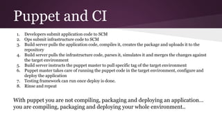 Puppet and CI
1. Developers submit application code to SCM
2. Ops submit infrastructure code to SCM
3. Build server pulls the application code, compiles it, creates the package and uploads it to the
repository
4. Build server pulls the infrastructure code, parses it, simulates it and merges the changes against
the target environment
5. Build server instructs the puppet master to pull specific tag of the target environment
6. Puppet master takes care of running the puppet code in the target environment, configure and
deploy the application
7. Testing framework can run once deploy is done.
8. Rinse and repeat
With puppet you are not compiling, packaging and deploying an application…
you are compiling, packaging and deploying your whole environment..
 
