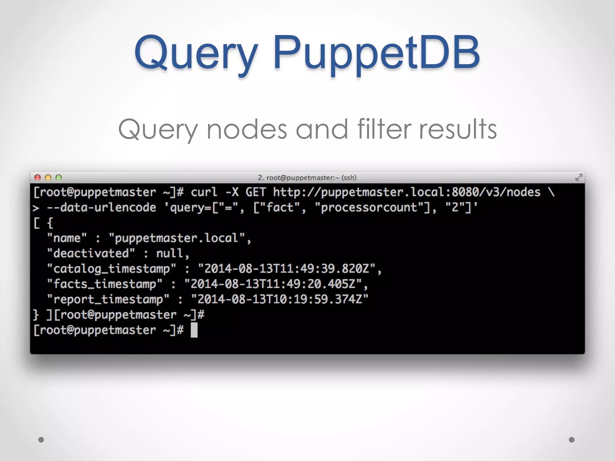 Query PuppetDB 
Query nodes and filter results 
 