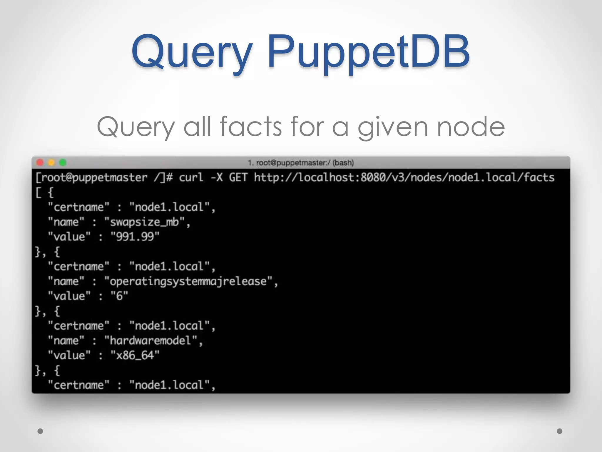 Query PuppetDB 
Query all facts for a given node 
 