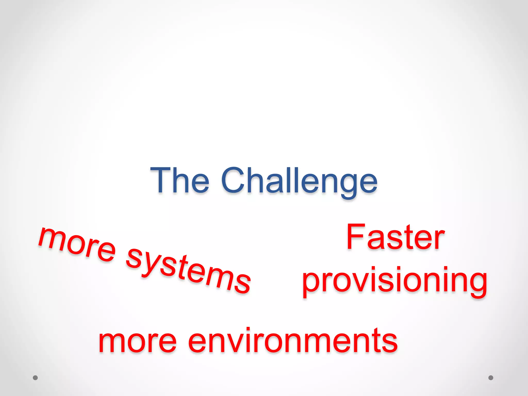 The Challenge 
Faster 
provisioning 
more environments 
 