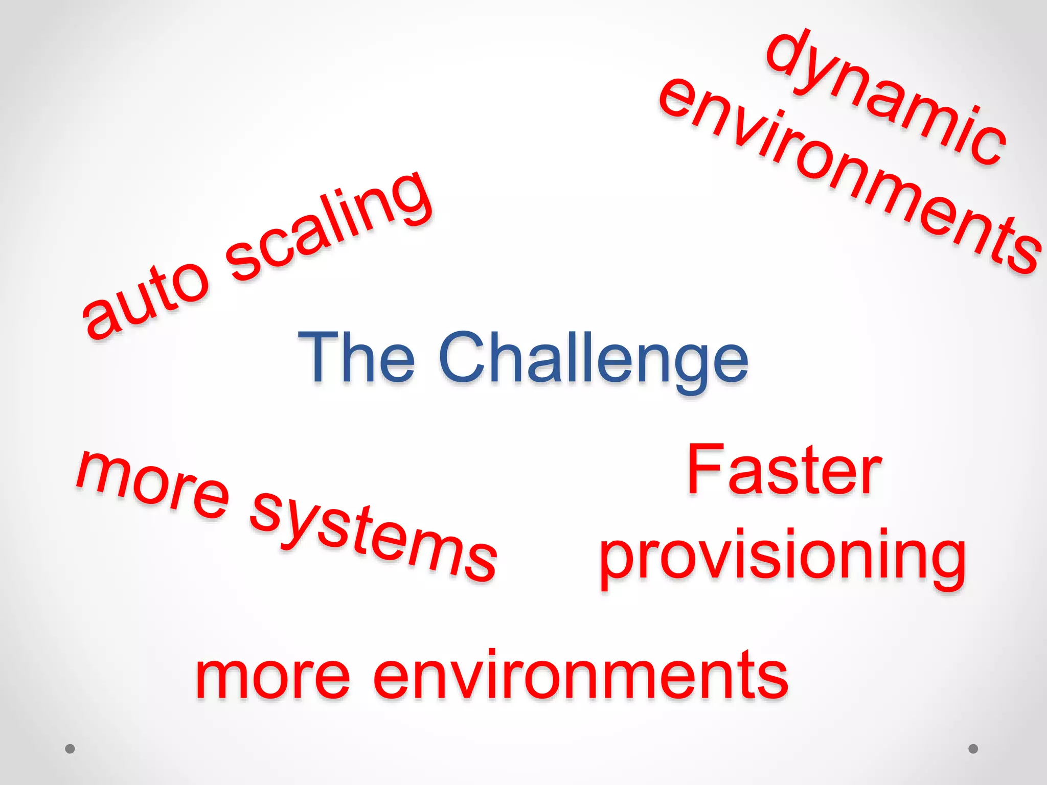 The Challenge 
Faster 
provisioning 
more environments 
 