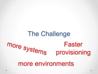 The Challenge 
Faster 
provisioning 
more environments 
 