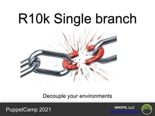 PuppetCamp 2021
NWOPS, LLC
https://www.nwops.io
R10k Single branch
Decouple your environments
 