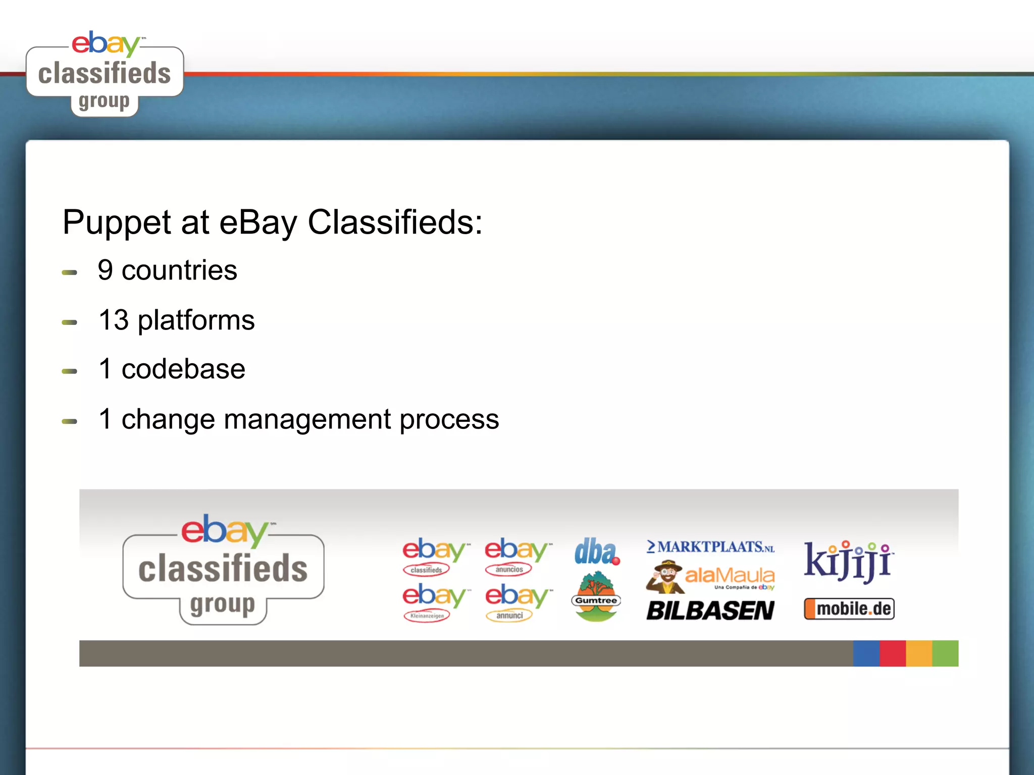 Puppet at eBay Classifieds:
!    9 countries
!    13 platforms
!    1 codebase
!    1 change management process
 