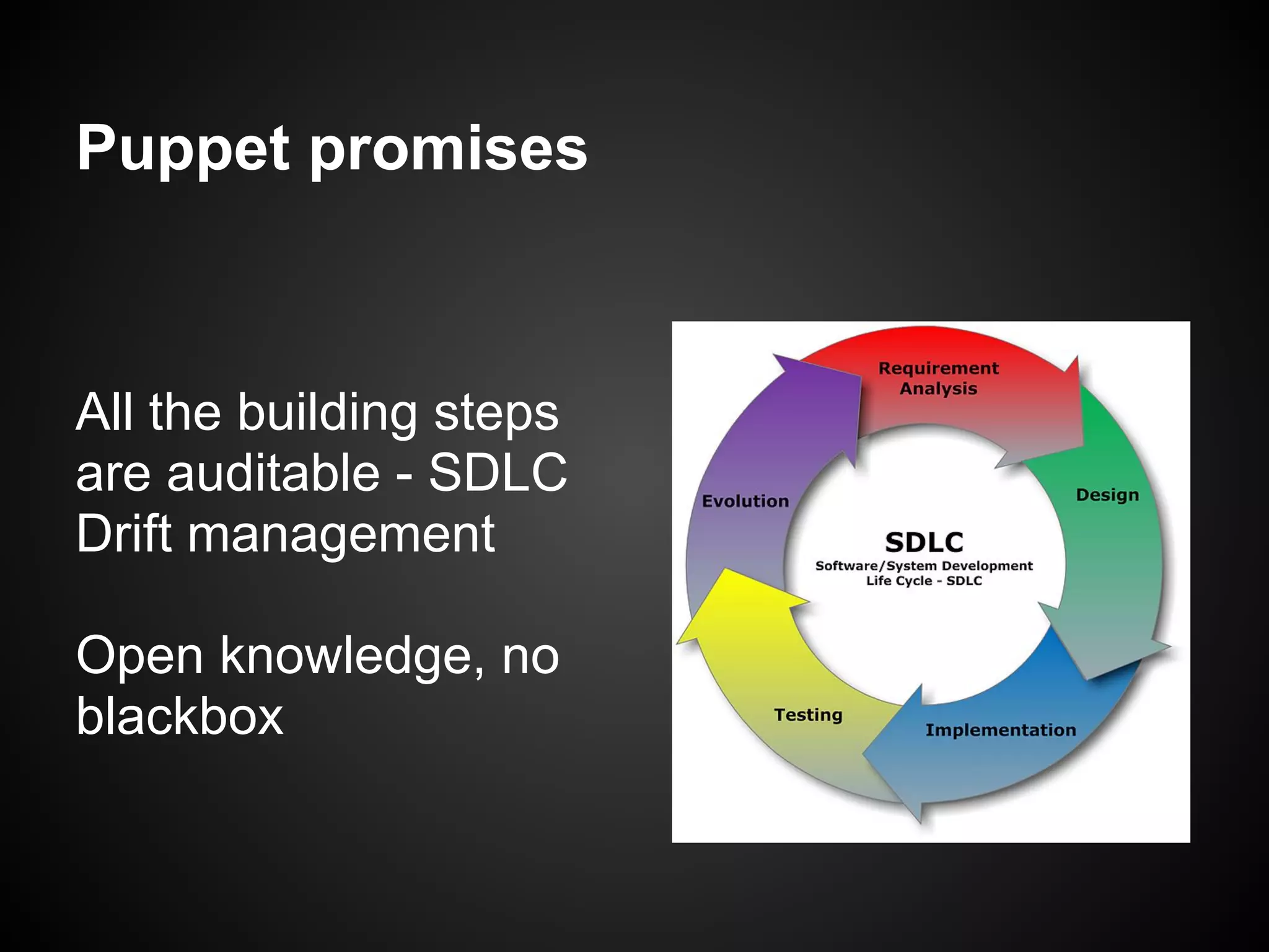 Puppet promises



All the building steps
are auditable - SDLC
Drift management

Open knowledge, no
blackbox
 