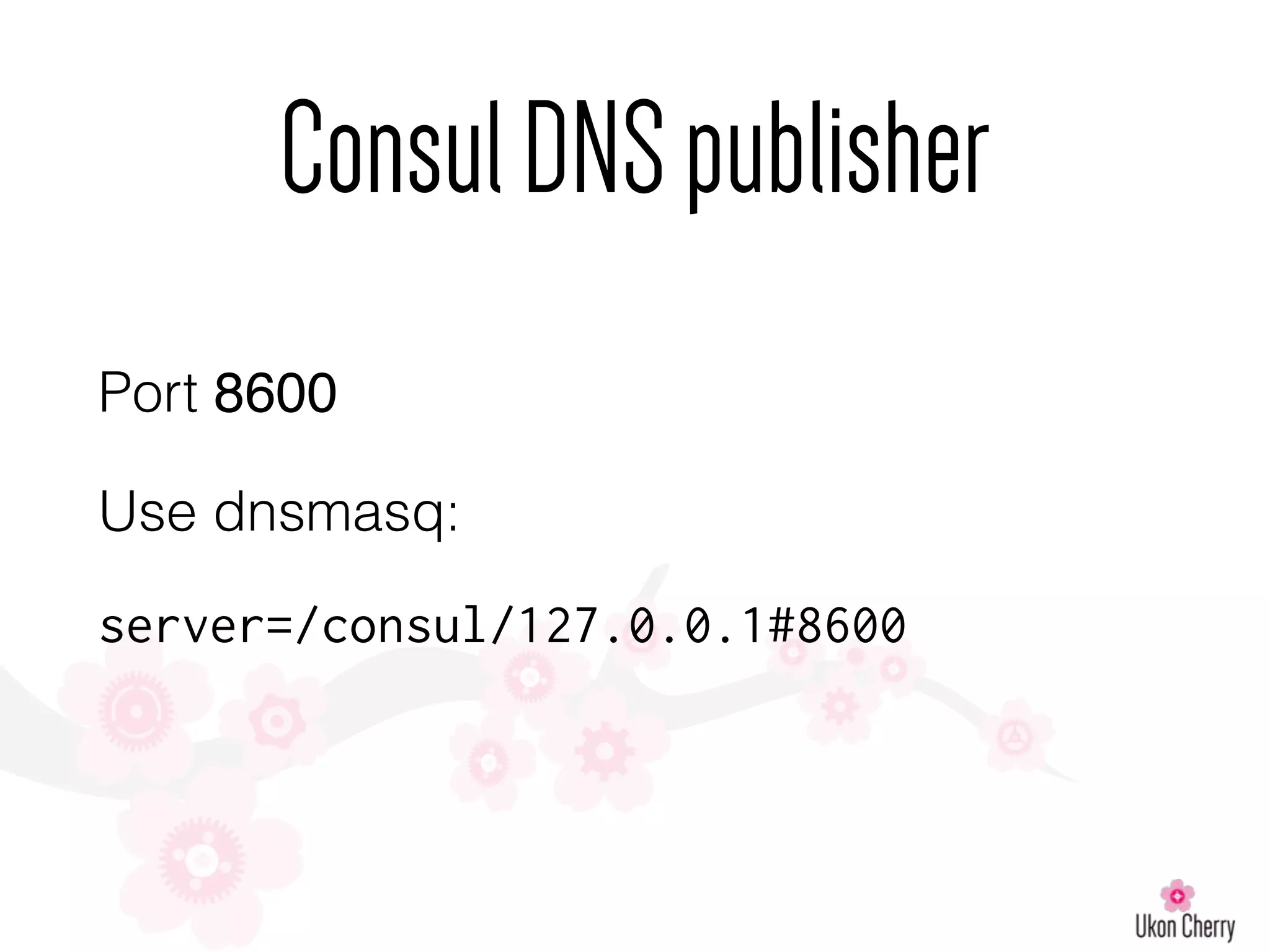 Port 8600
Use dnsmasq:
server=/consul/127.0.0.1#8600
ConsulDNSpublisher
 