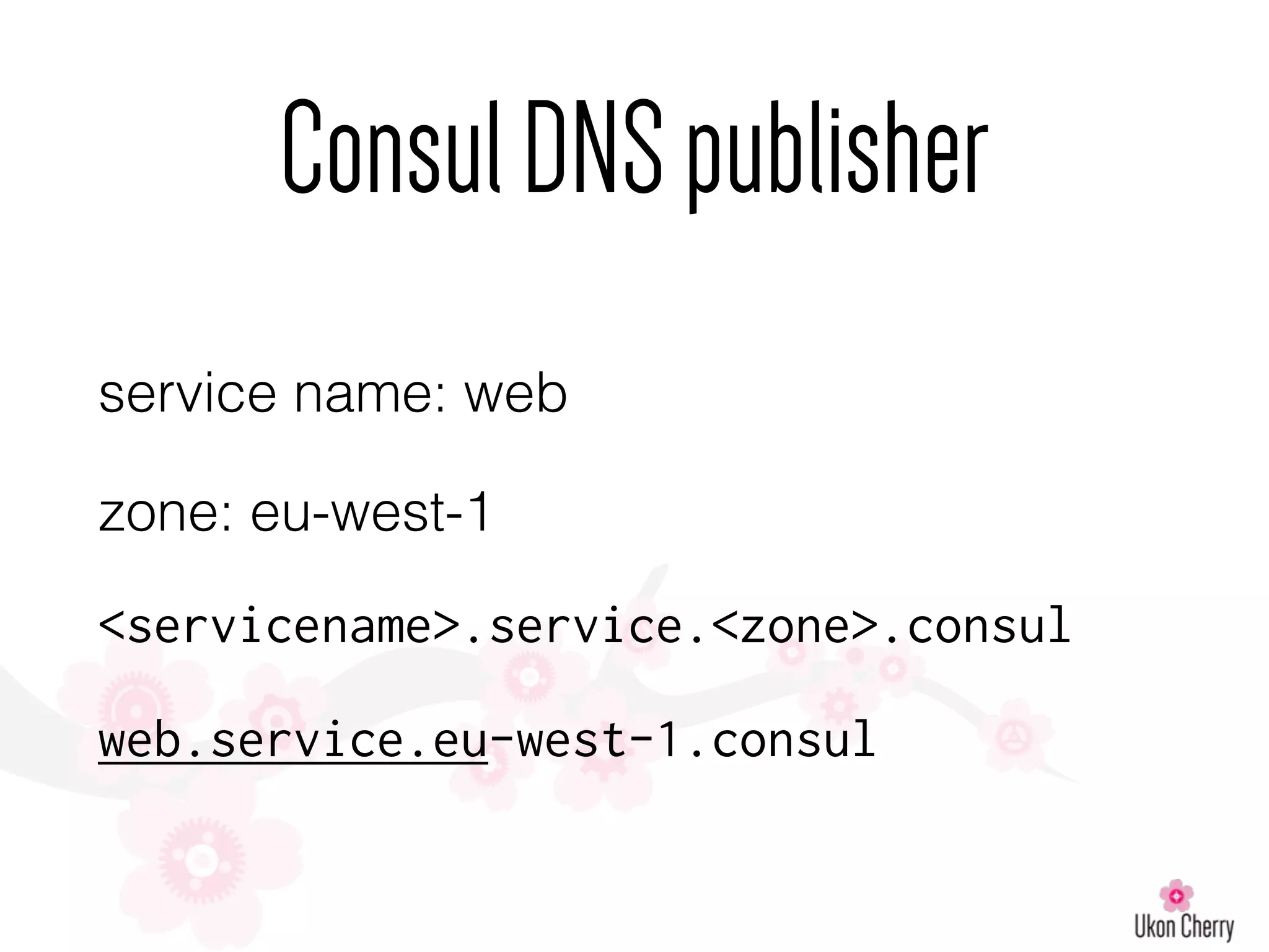 service name: web
zone: eu-west-1
<servicename>.service.<zone>.consul
web.service.eu-west-1.consul
ConsulDNSpublisher
 
