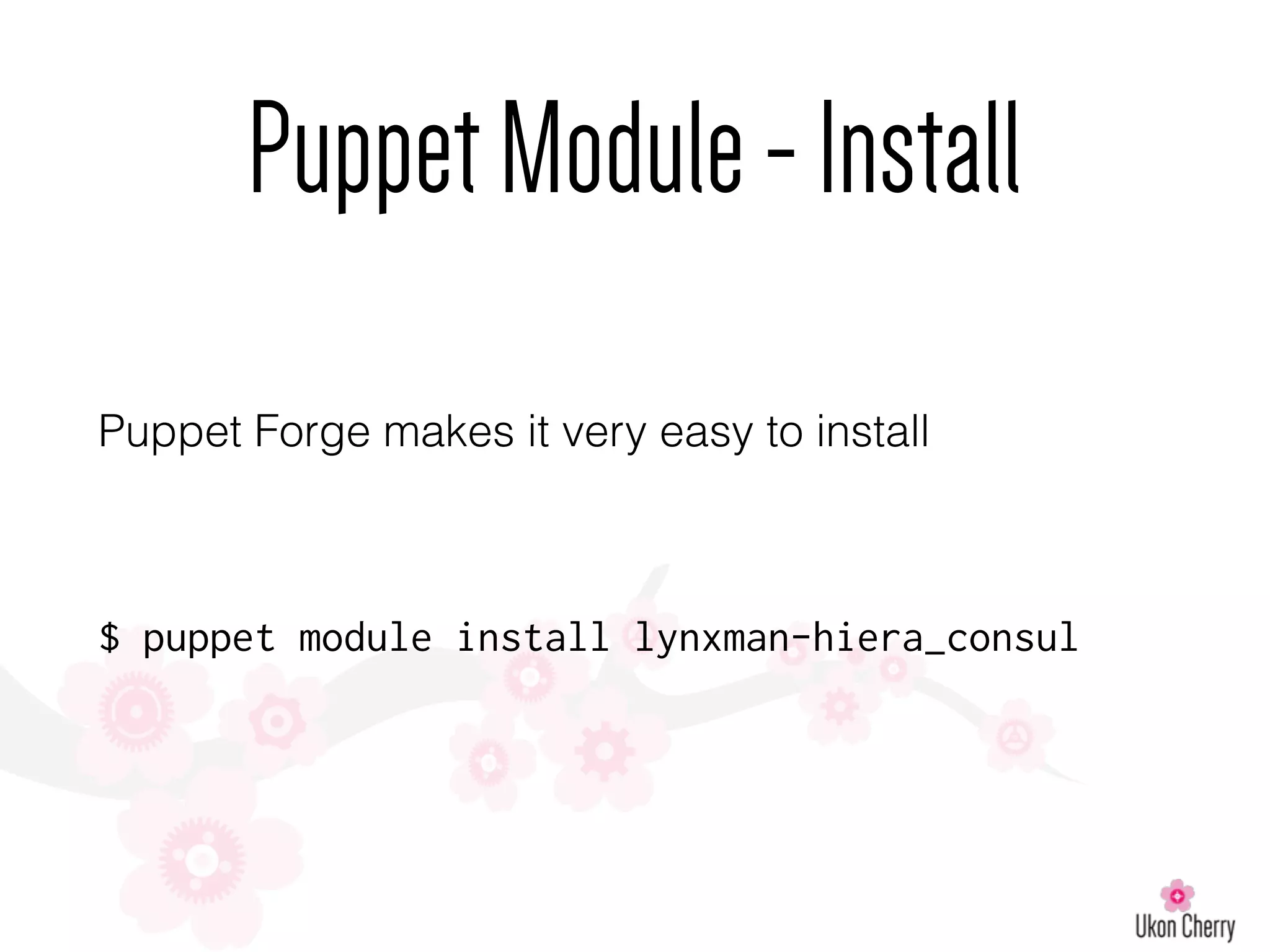 PuppetModule-Install
Puppet Forge makes it very easy to install
$ puppet module install lynxman-hiera_consul
 