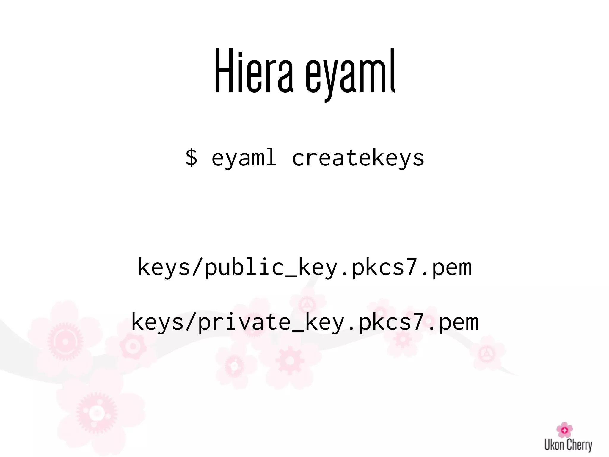 Hieraeyaml
$ eyaml createkeys
keys/public_key.pkcs7.pem
keys/private_key.pkcs7.pem
 