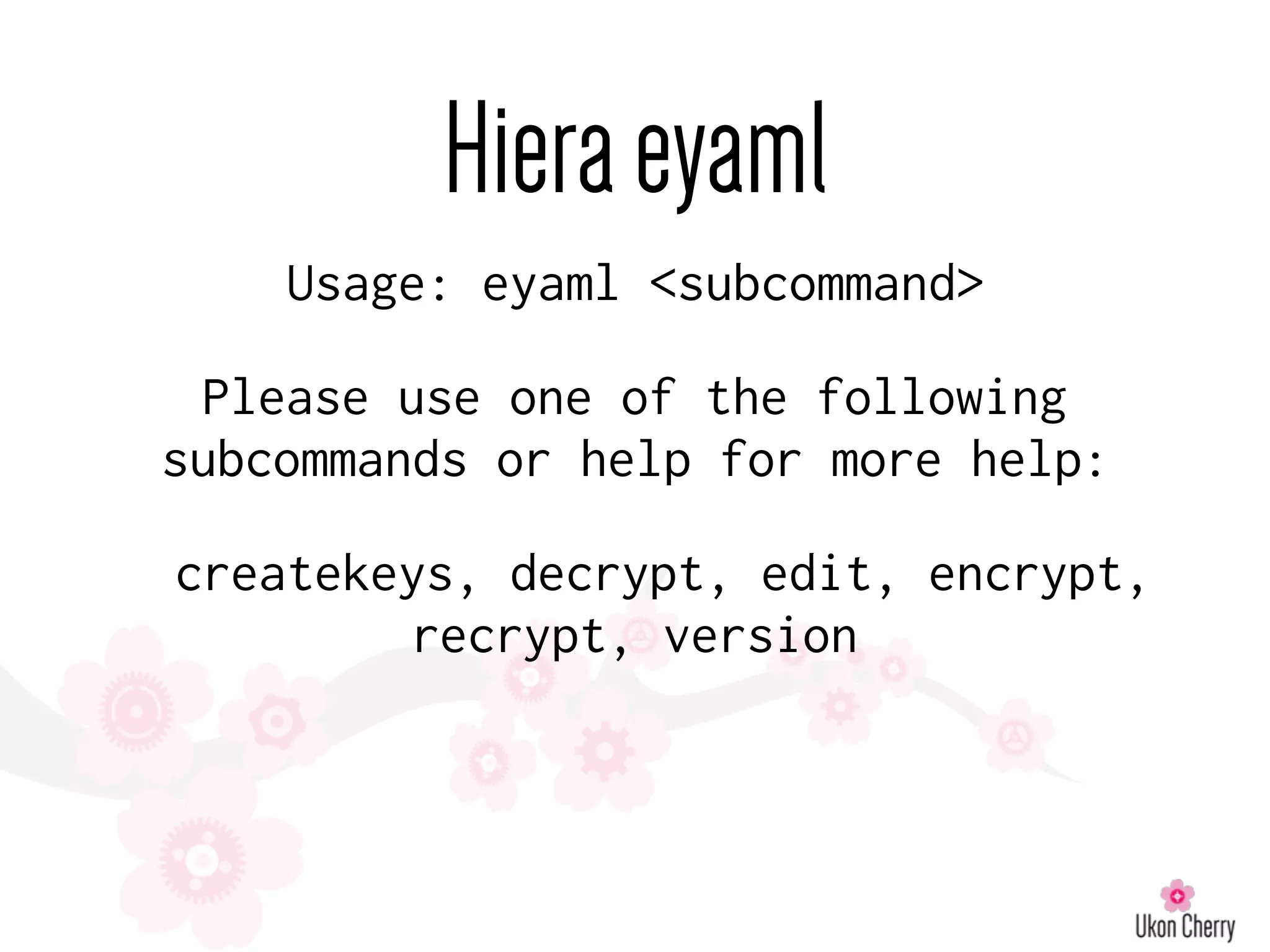 Hieraeyaml
Usage: eyaml <subcommand>
Please use one of the following
subcommands or help for more help:
createkeys, decrypt, edit, encrypt,
recrypt, version
 
