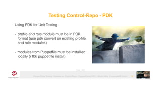 Puppet Code Testing - Modules vs. Control-Repo - PuppetCamp 2021 - Martin Alfke © example42 GmbH 19
Using PDK for Unit Testing


- profile and role module must be in PDK
format (use pdk convert on existing profile
and role modules)


- modules from Puppetfile must be installed
locally (r10k puppetfile install)
Image: tatlin
Testing Control-Repo - PDK
 