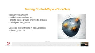 Puppet Code Testing - Modules vs. Control-Repo - PuppetCamp 2021 - Martin Alfke © example42 GmbH 30
spec/onceover.yaml


- add classes and nodes,


- create class_groups and node_groups,


- build your test_matrix


Describe the unit tests in spec/classes/
<class>_spec.rb
Image: tatlin
Testing Control-Repo - OnceOver
 